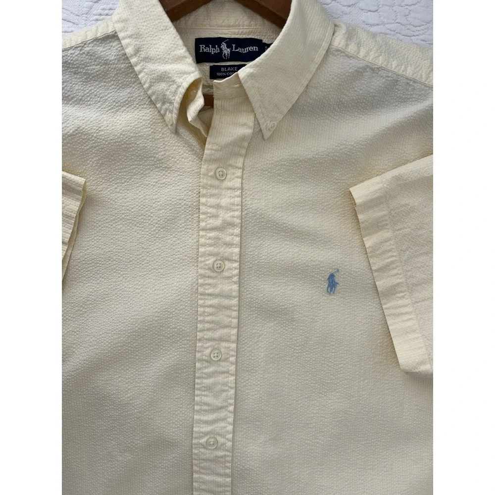 Vintage Ralph Lauren Blake Seersucker Shirt Mens L Yellow Short Sleeve Blue Pony